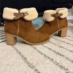Lane Bryant Tan Suede Fold-Over Shearling Ankle Boots